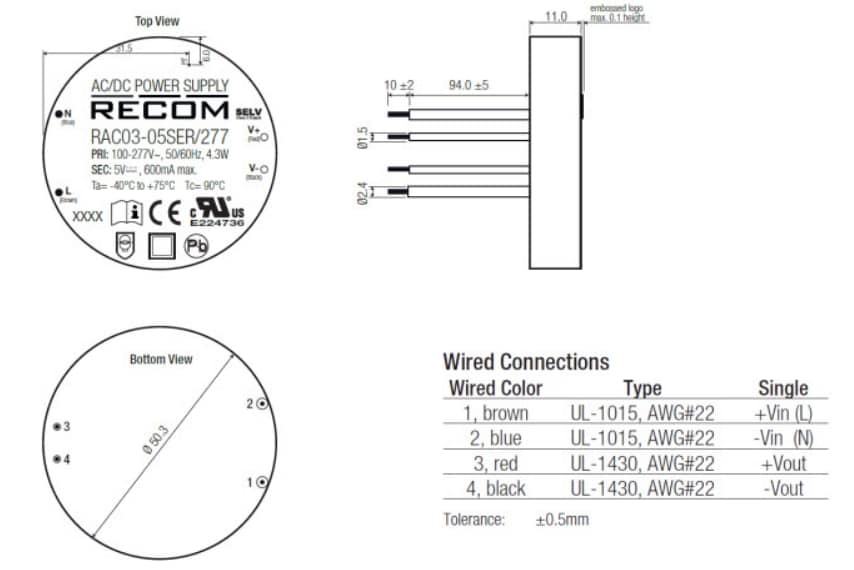 Mechanical Drawing - RECOM Power RAC03 Series AD/DC Converter